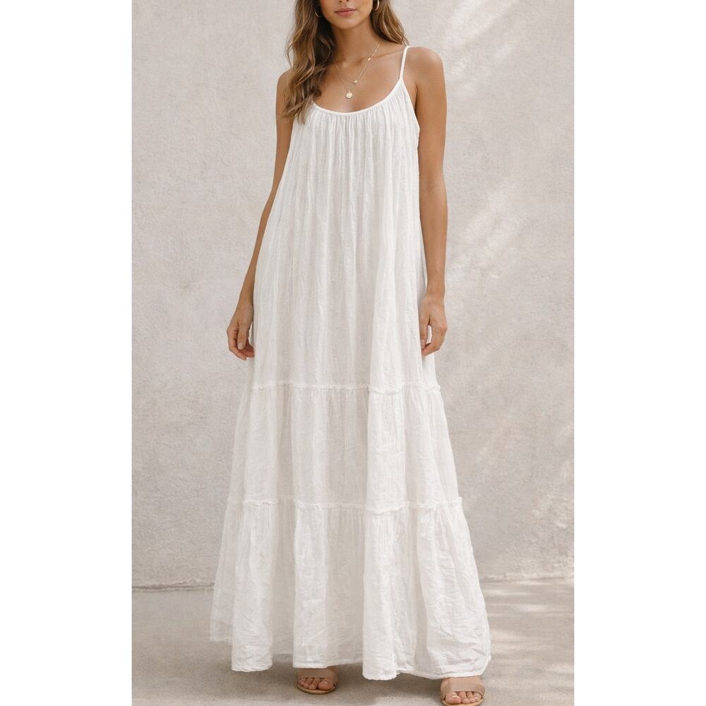 Debbie Katz South Beach Cotton Striped Metallic Maxi Dress White Medium
